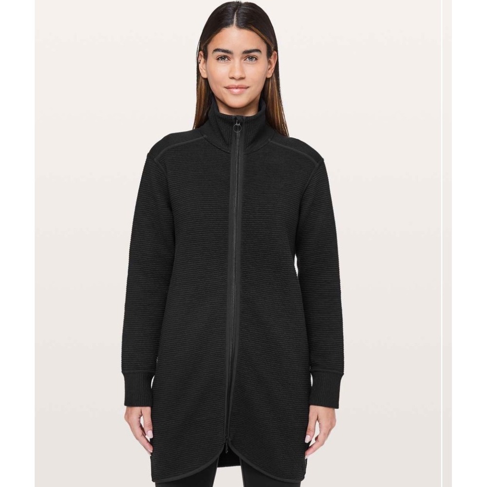 Lululemon On‎ Repeat Long Full Zip Jacket Black Textured Funnel Neck 4